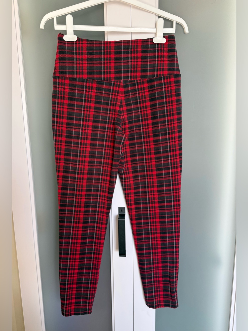 Ladies Red Plaid Leggings with High Waist